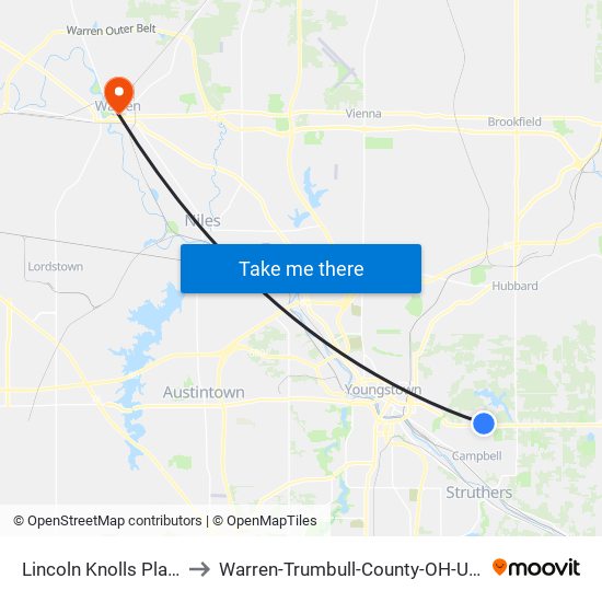 Lincoln Knolls Plaza to Warren-Trumbull-County-OH-USA map