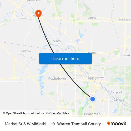 Market St & W Midlothian Blvd to Warren-Trumbull-County-OH-USA map