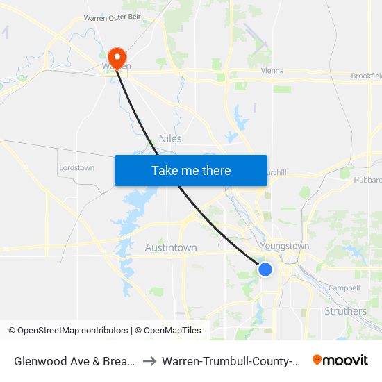 Glenwood Ave & Breaden St to Warren-Trumbull-County-OH-USA map