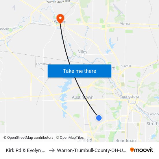 Kirk Rd & Evelyn Rd to Warren-Trumbull-County-OH-USA map