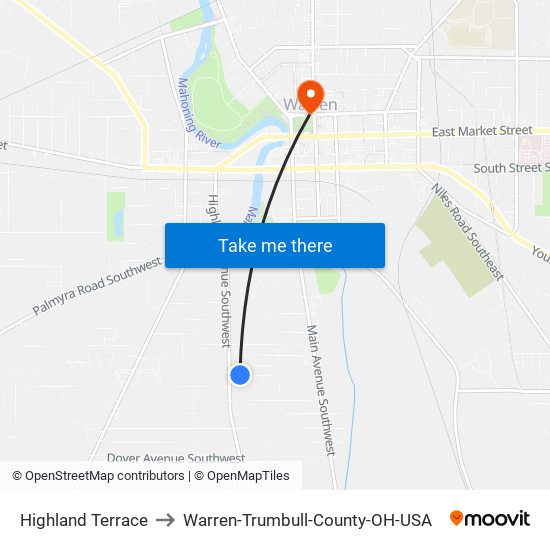 Highland Terrace to Warren-Trumbull-County-OH-USA map