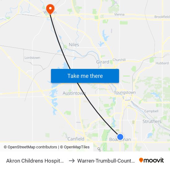 Akron Childrens Hospital Beeghly to Warren-Trumbull-County-OH-USA map