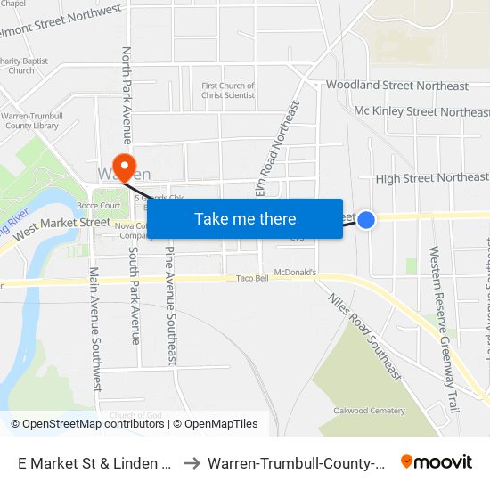 E Market St & Linden Ave Se to Warren-Trumbull-County-OH-USA map