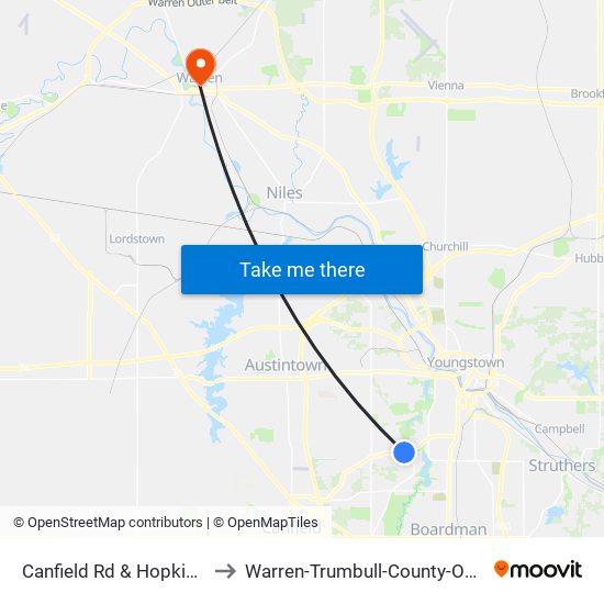 Canfield Rd & Hopkins Rd to Warren-Trumbull-County-OH-USA map