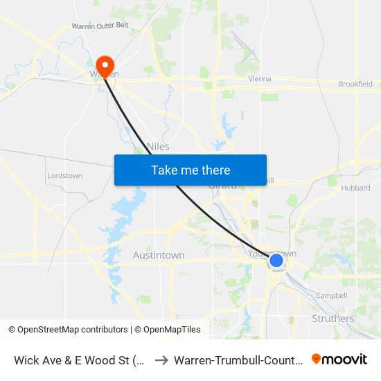 Wick Ave & E Wood St (Flag Stop) to Warren-Trumbull-County-OH-USA map