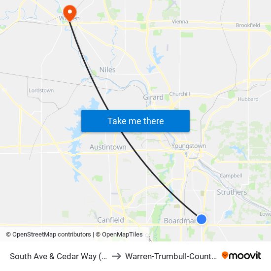 South Ave & Cedar Way (Flag Stop) to Warren-Trumbull-County-OH-USA map