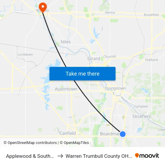Applewood & South Ave to Warren Trumbull County OH USA map