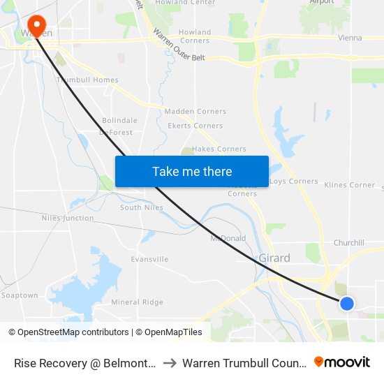 Rise Recovery @ Belmont (Flag Stop) to Warren Trumbull County OH USA map