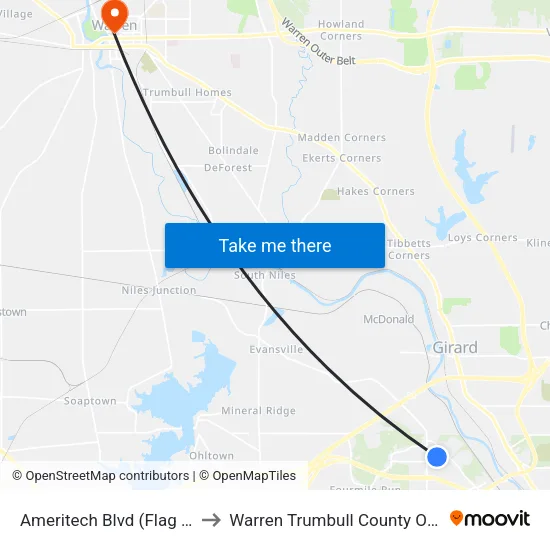 Ameritech Blvd (Flag Stop) to Warren Trumbull County OH USA map