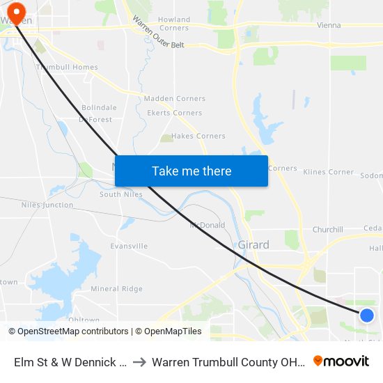 Elm St & W Dennick Ave to Warren Trumbull County OH USA map