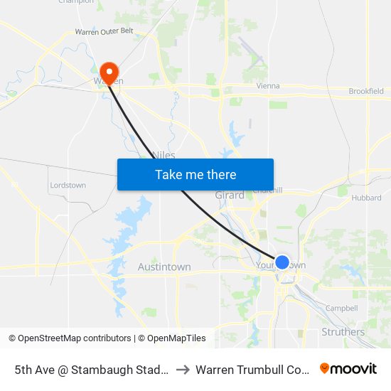 5th Ave @ Stambaugh Stadium (Flag Stop) to Warren Trumbull County OH USA map