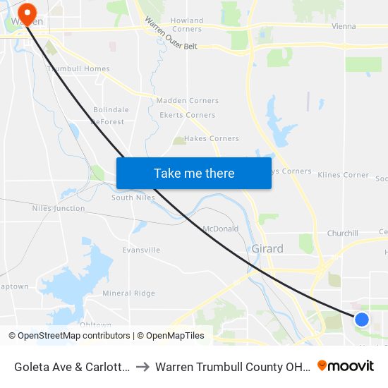Goleta Ave & Carlotta Dr to Warren Trumbull County OH USA map