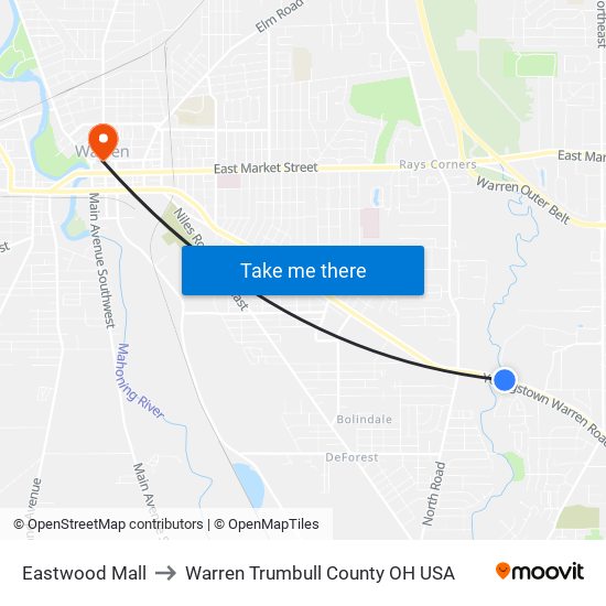 Eastwood Mall to Warren Trumbull County OH USA map