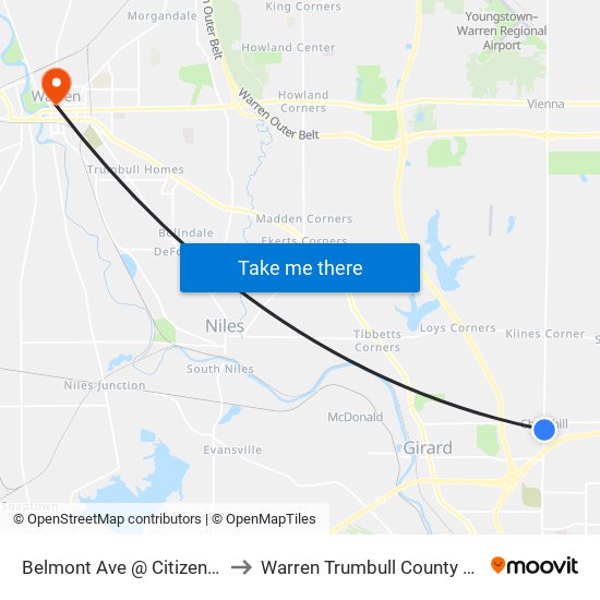 Belmont Ave @ Citizens Bank to Warren Trumbull County OH USA map