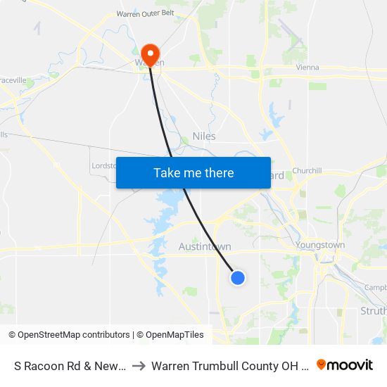 S Racoon Rd & New Rd to Warren Trumbull County OH USA map