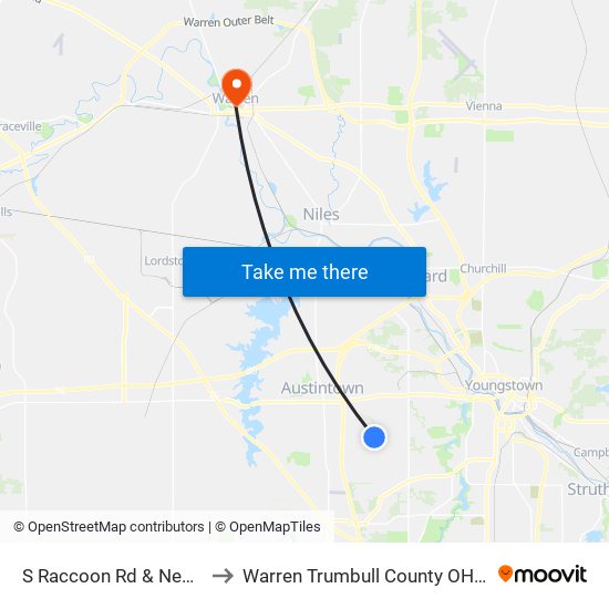 S Raccoon Rd & New Rd to Warren Trumbull County OH USA map