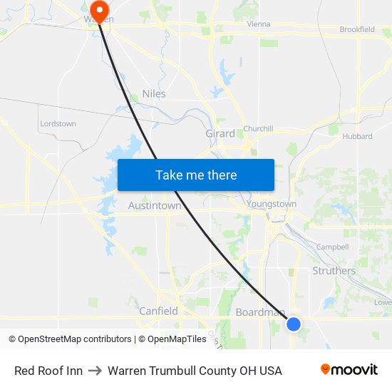 Red Roof Inn to Warren Trumbull County OH USA map