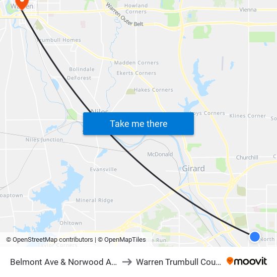 Belmont Ave & Norwood Ave (Flag Stop) to Warren Trumbull County OH USA map