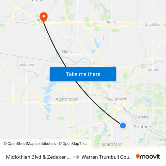 Midlothian Blvd & Zedaker St (Flag Stop) to Warren Trumbull County OH USA map