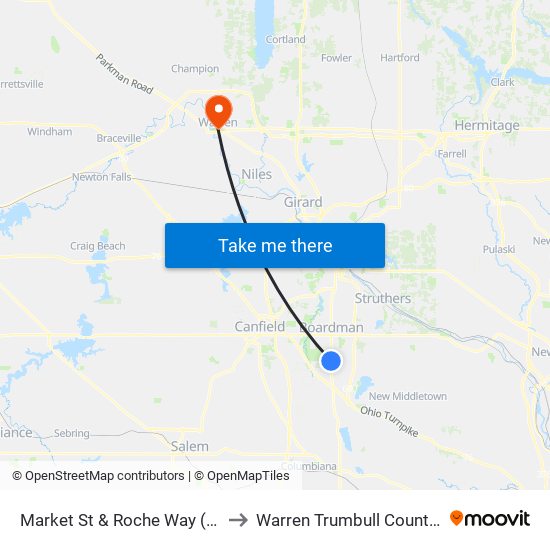 Market St & Roche Way (Flag Stop) to Warren Trumbull County OH USA map