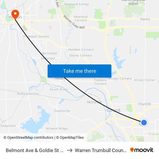 Belmont Ave & Goldie St (Flag Stop) to Warren Trumbull County OH USA map