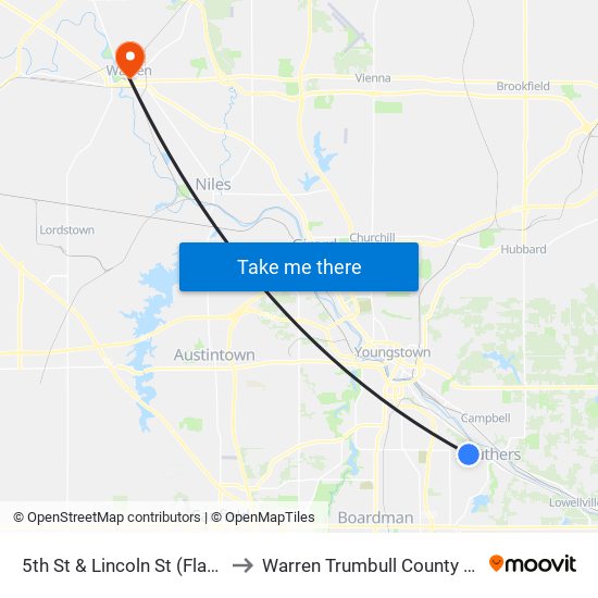 5th St & Lincoln St (Flag Stop) to Warren Trumbull County OH USA map