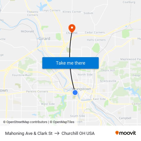 Mahoning Ave & Clark St to Churchill OH USA map