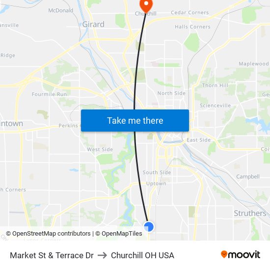 Market St & Terrace Dr to Churchill OH USA map