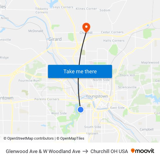 Glenwood Ave & W Woodland Ave to Churchill OH USA map