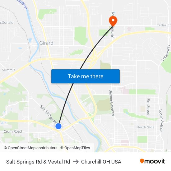 Salt Springs Rd & Vestal Rd to Churchill OH USA map