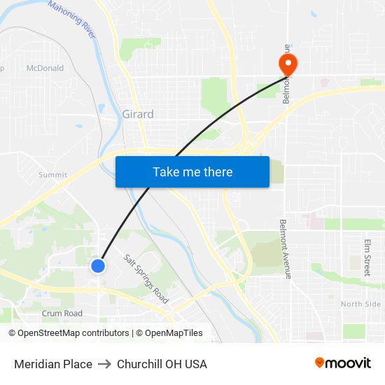 Meridian Place to Churchill OH USA map