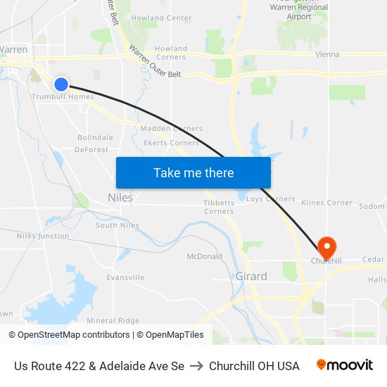 Us Route 422 & Adelaide Ave Se to Churchill OH USA map