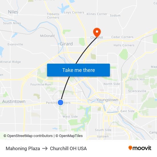 Mahoning Plaza to Churchill OH USA map