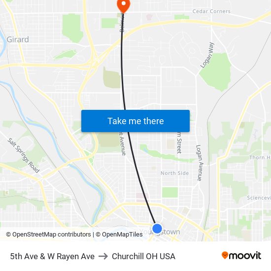 5th Ave & W Rayen Ave to Churchill OH USA map
