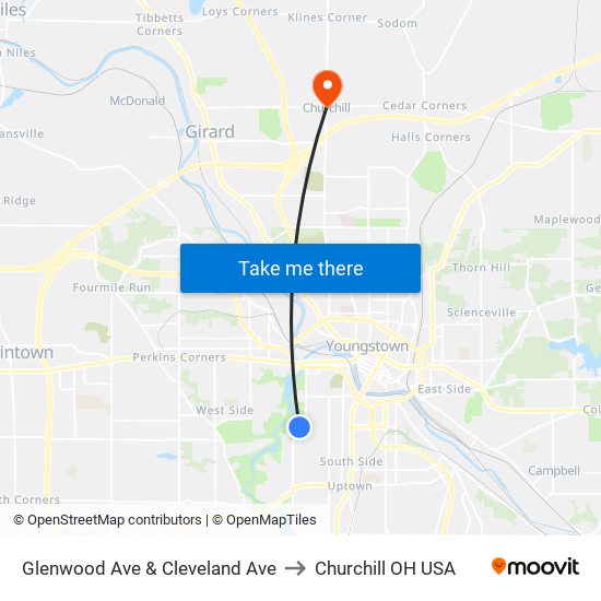 Glenwood Ave & Cleveland Ave to Churchill OH USA map