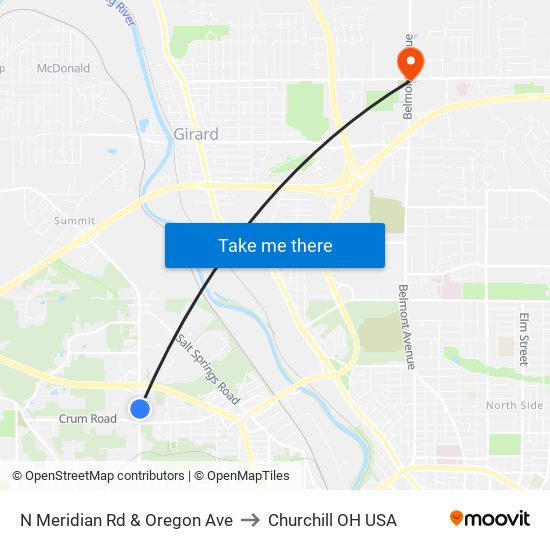 N Meridian Rd & Oregon Ave to Churchill OH USA map