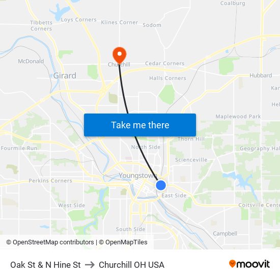 Oak St & N Hine St to Churchill OH USA map