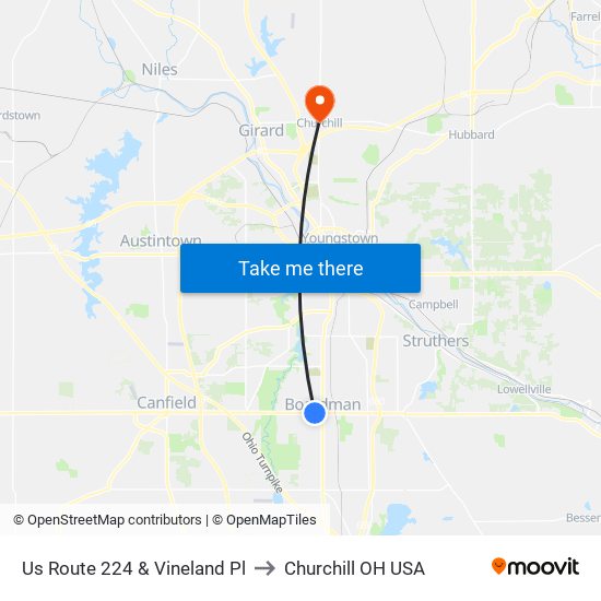 Us Route 224 & Vineland Pl to Churchill OH USA map