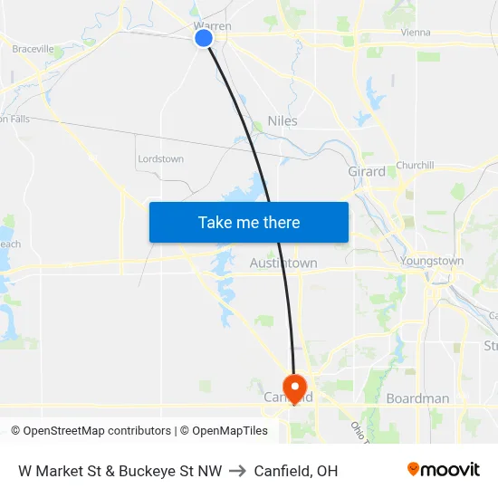 W Market St & Buckeye St NW to Canfield, OH map