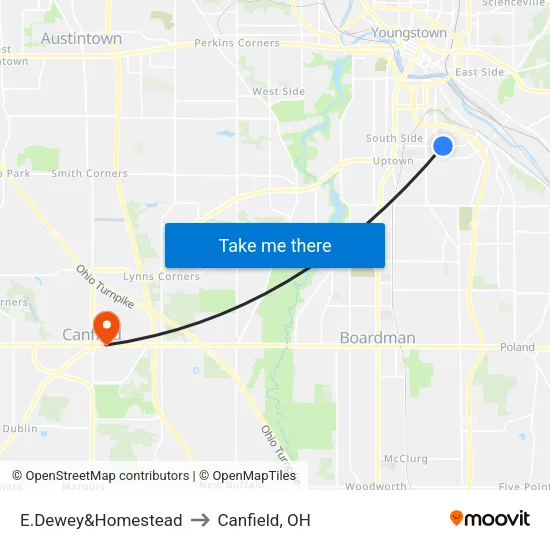 E.Dewey&Homestead to Canfield, OH map