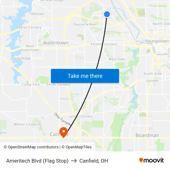 Ameritech Blvd (Flag Stop) to Canfield, OH map