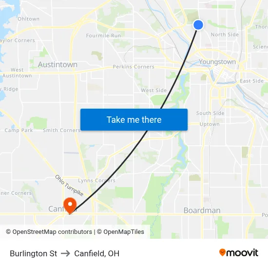 Burlington St to Canfield, OH map