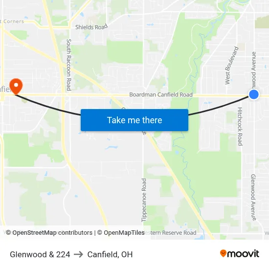 Glenwood & 224 to Canfield, OH map