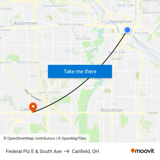 Federal Plz E & South Ave to Canfield, OH map
