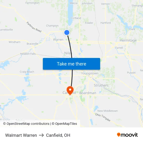 Walmart Warren to Canfield, OH map