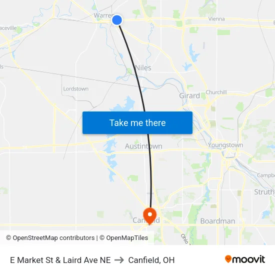 E Market St & Laird Ave NE to Canfield, OH map