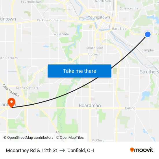 Mccartney Rd & 12th St to Canfield, OH map