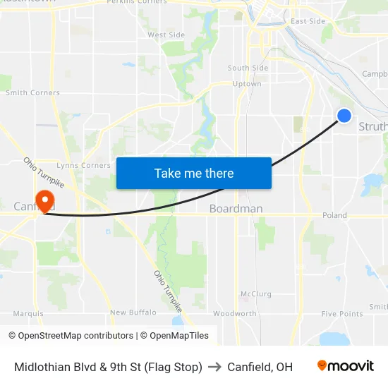 Midlothian Blvd & 9th St (Flag Stop) to Canfield, OH map