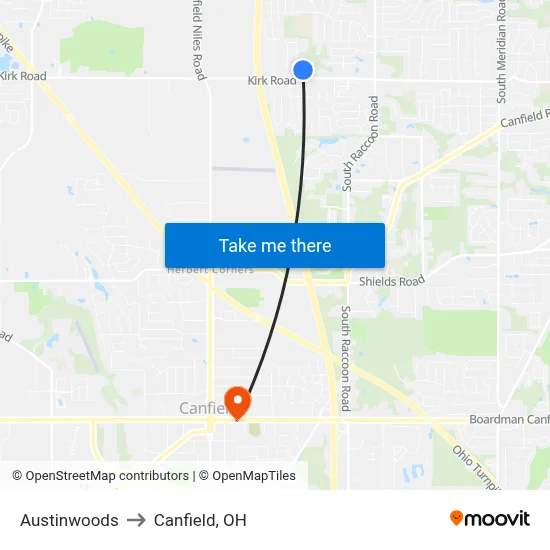 Austinwoods to Canfield, OH map