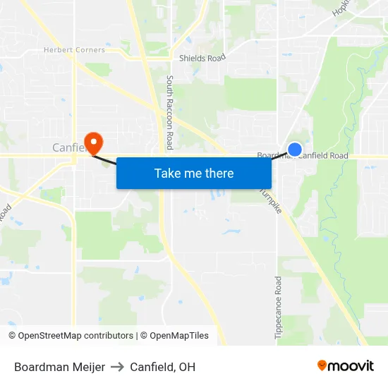 Boardman Meijer to Canfield, OH map